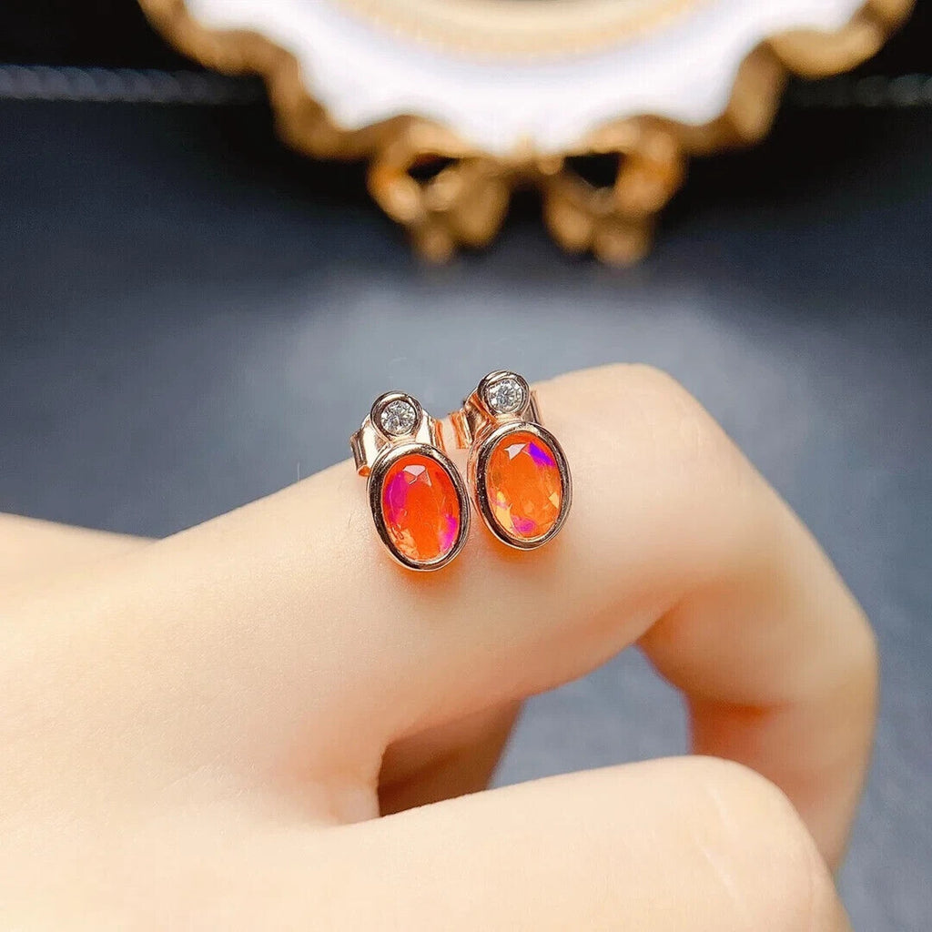 Orange Fire Opal Stud Earrings 5x7mm, Natural Orange Fire Opal Earrings