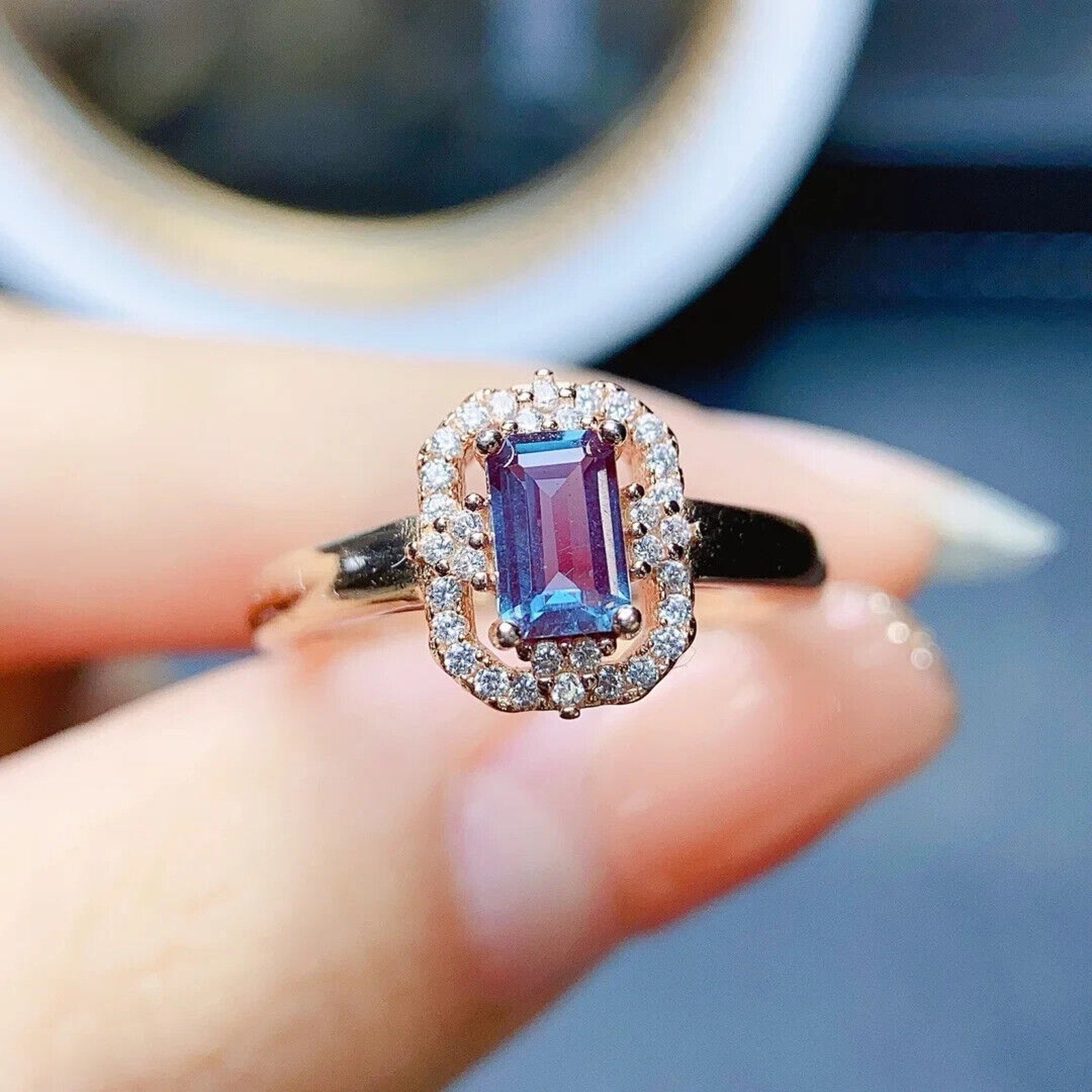 Alexandrite Gemstone Ring Emerald Cut, Lab Created Alexandrite Ring 925 Sterling