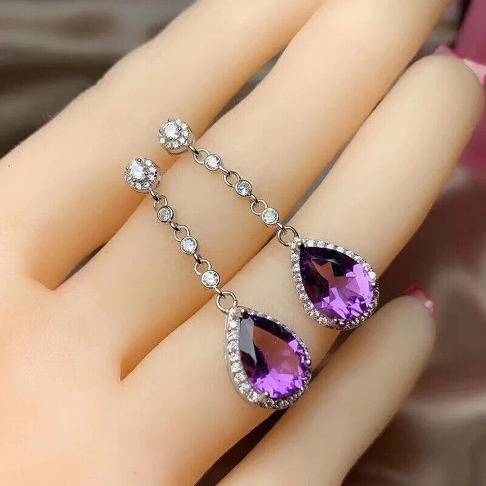 Amethyst Pear Cut Dangle Earrings 8x10mm Platinum Plated, Amethyst Earrings