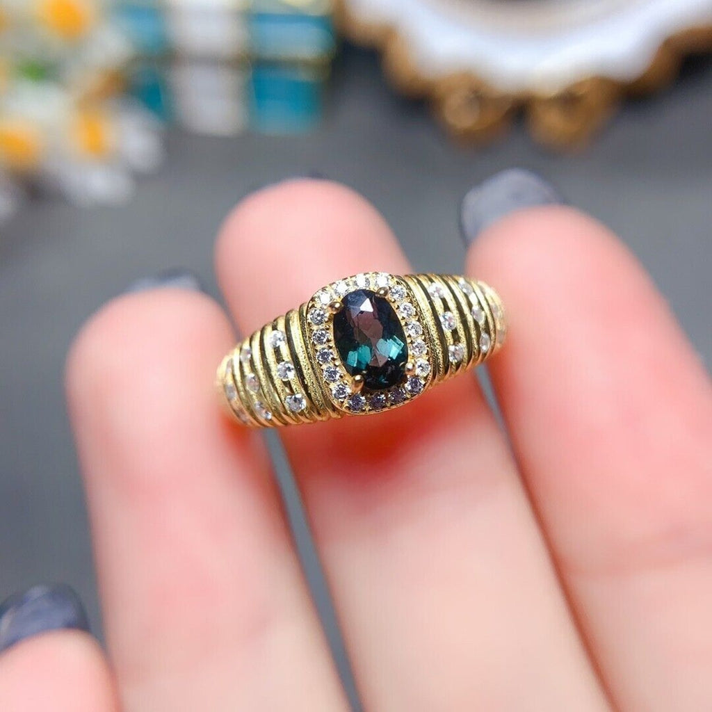 Green Tourmaline Band Ring, Natural Green Tourmaline Gemstone Ring Silver