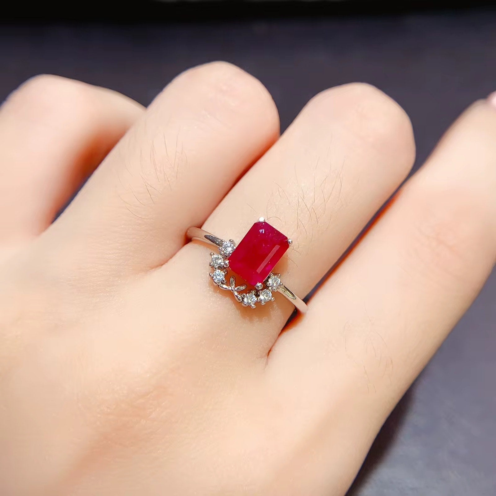 Genuine Ruby Emerald Cut Ring 1 Ct Sterling Silver, Natural Ruby Ring