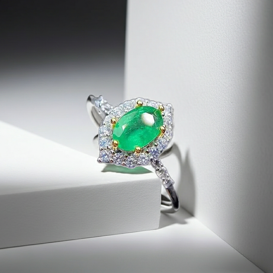 Grade AAA Natural Emerald Ring 4x6mm Platinum Plated, Colombian Emerald Ring