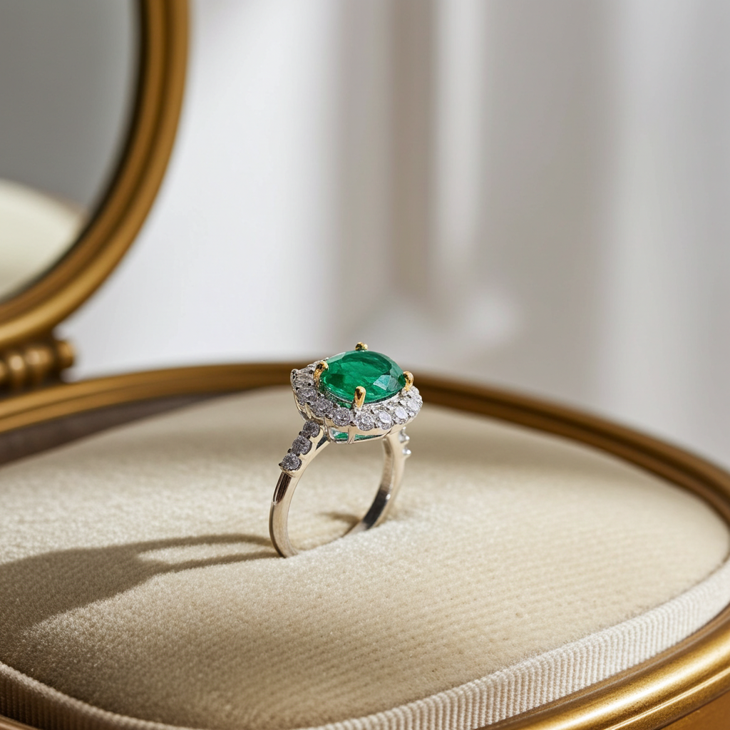 Grade AAA Natural Emerald Ring 4x6mm Platinum Plated, Colombian Emerald Ring