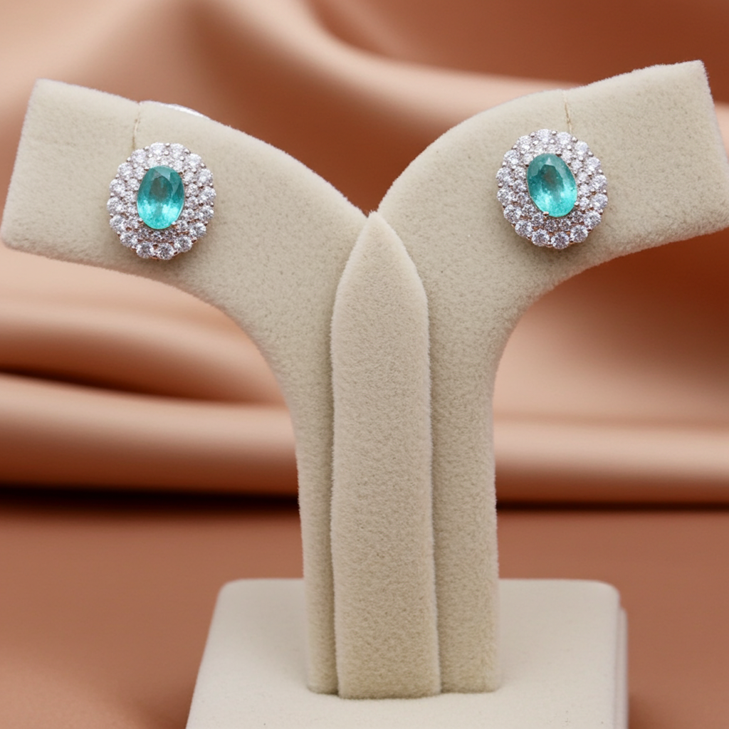 Emerald Cluster Stud Earrings 5x7mm Platinum Plated Silver