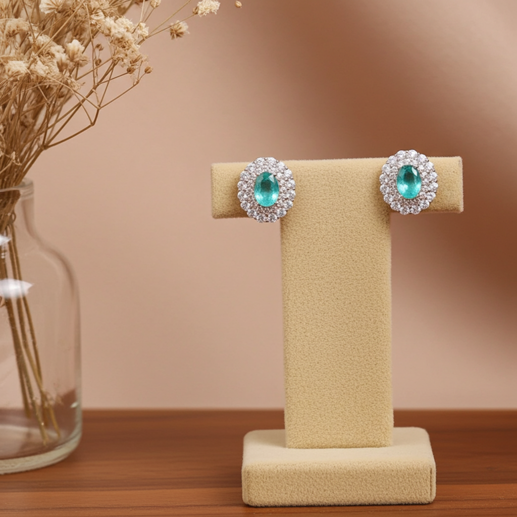Emerald Cluster Stud Earrings 5x7mm Platinum Plated Silver
