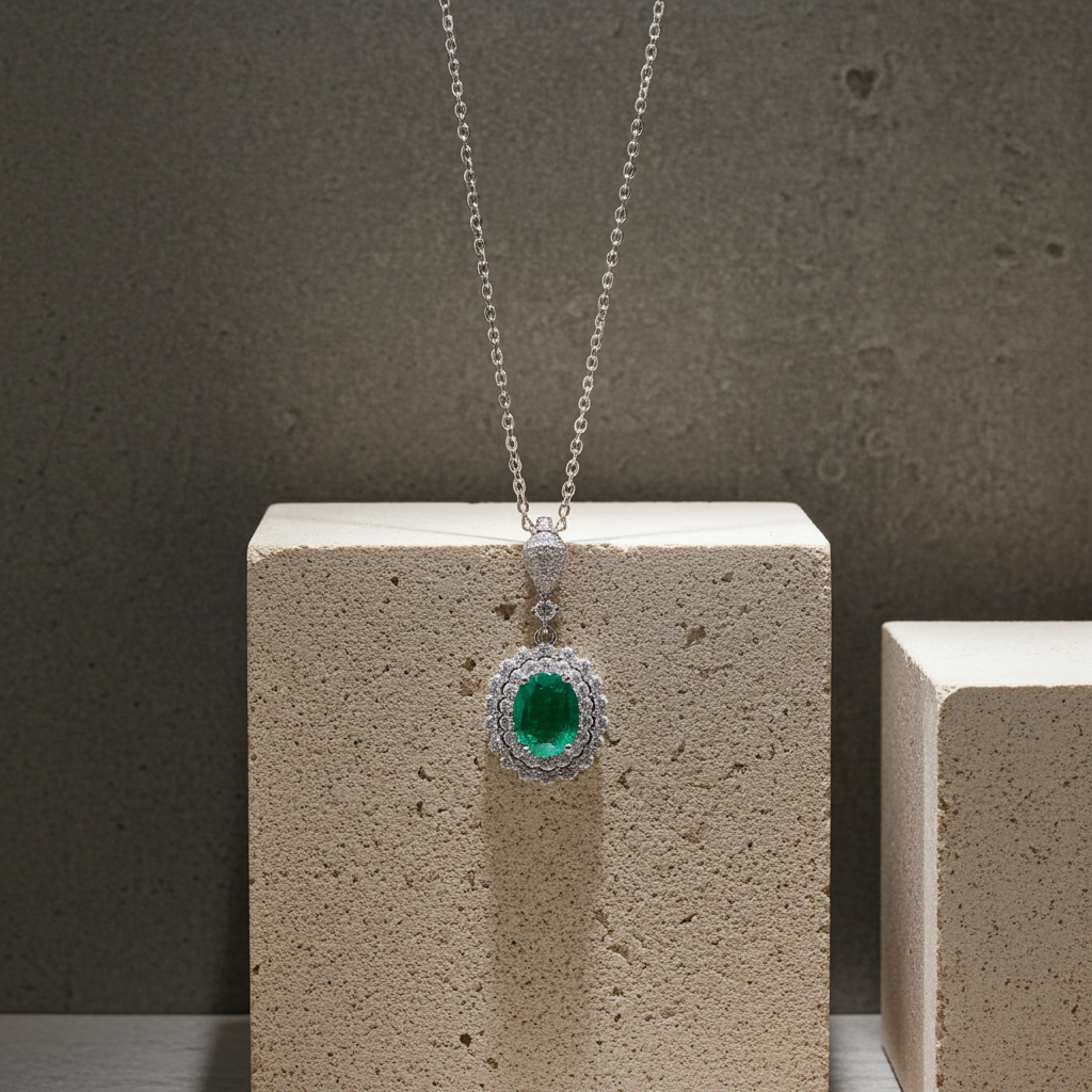 Natural Emerald Pendant Necklace with CZ 6x8mm