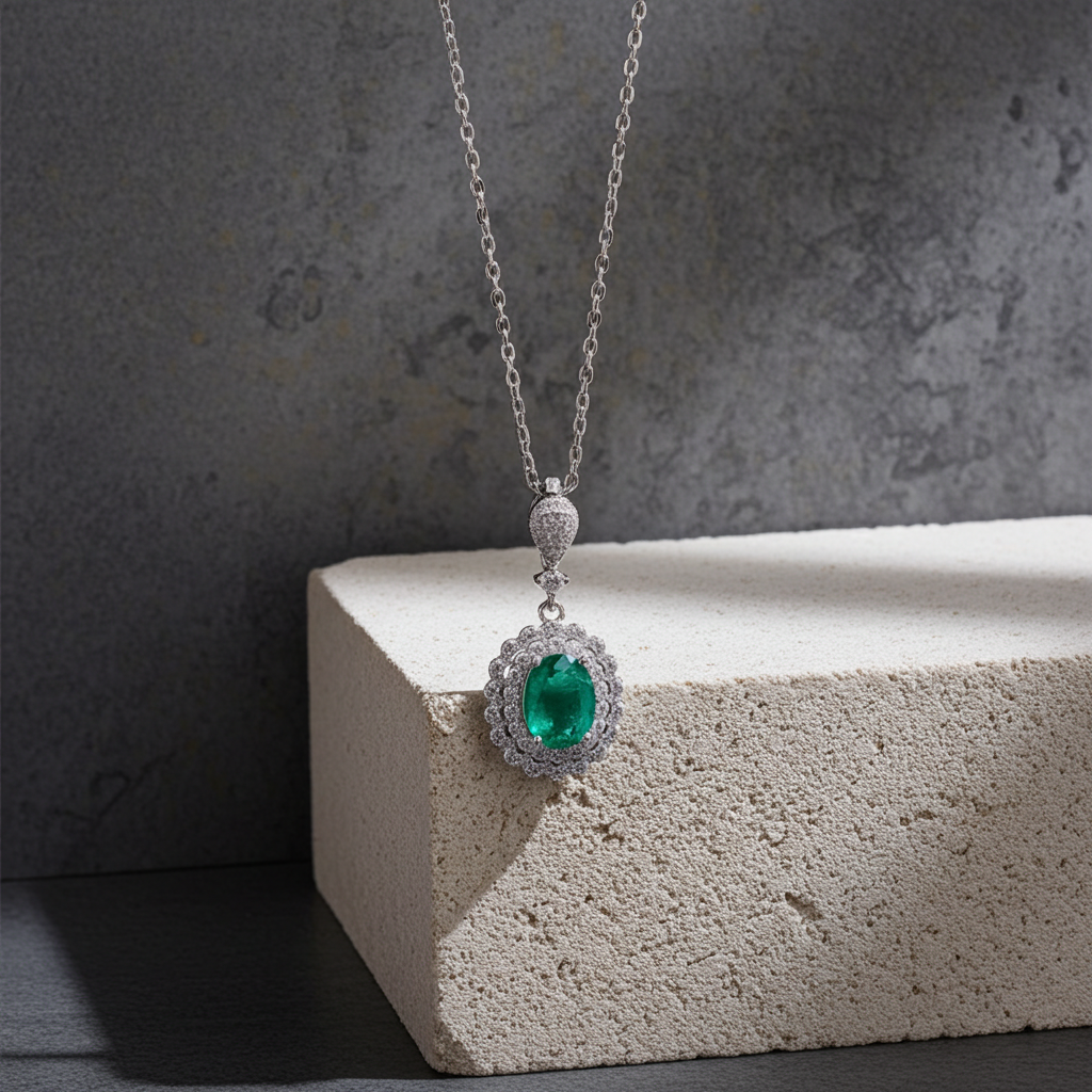 Natural Emerald Pendant Necklace with CZ 6x8mm