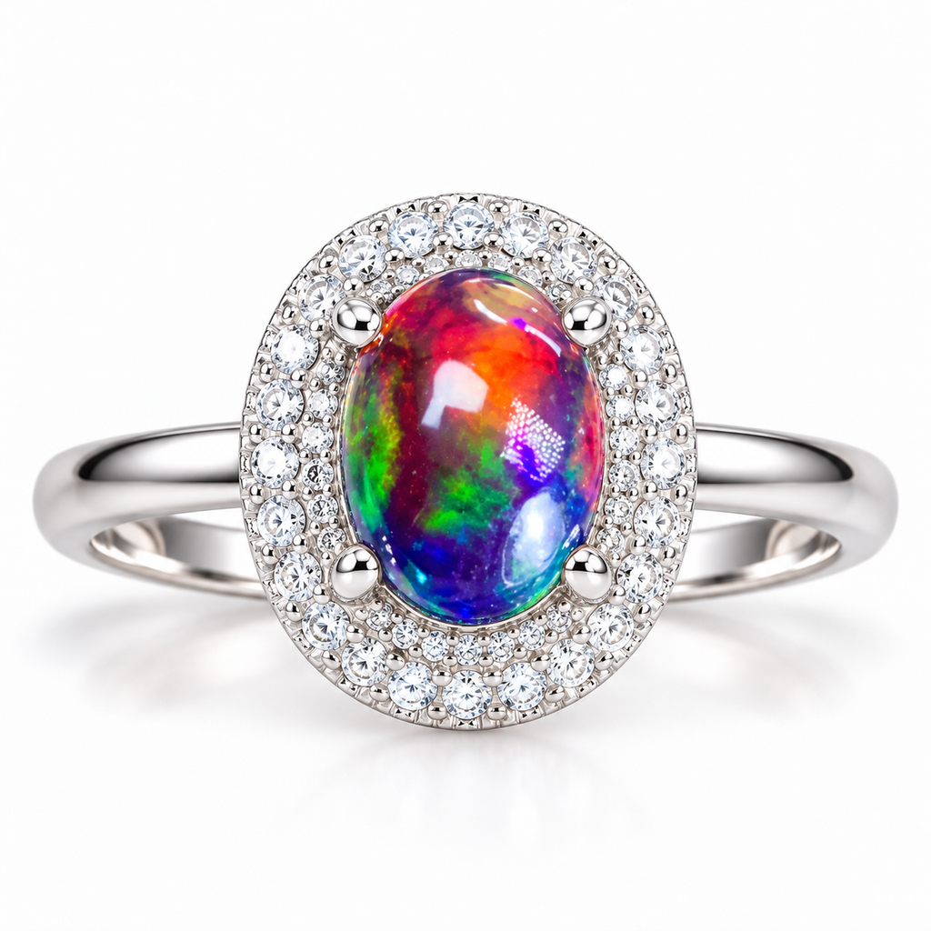 Australian black fire opal ring featuring a 6x8mm oval dyed gemstone with vibrant multicolor flashes, double cubic zirconia halo, and Platinum Plated sterling silver band on white.