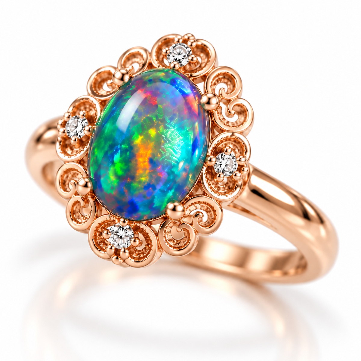 Three-quarter view of a 6x8mm Australian black fire opal ring with colorful gemstone flashes, intricate vintage-inspired scrollwork, clear cubic zirconia accents, and Rose Gold Plated sterling silver.