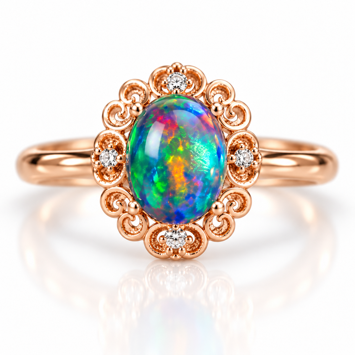 Natural Australian black fire opal ring featuring a 6x8mm oval dyed gemstone with vibrant green, blue, and orange flashes, ornate rose gold filigree halo, and four clear cubic zirconia accents on a white background.