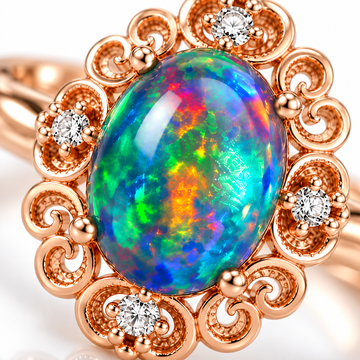 Macro close-up of a 6x8mm natural Australian fire opal dyed black, displaying vibrant green, blue, turquoise, and orange flashes within an ornate rose gold filigree setting with clear cubic zirconia accents.