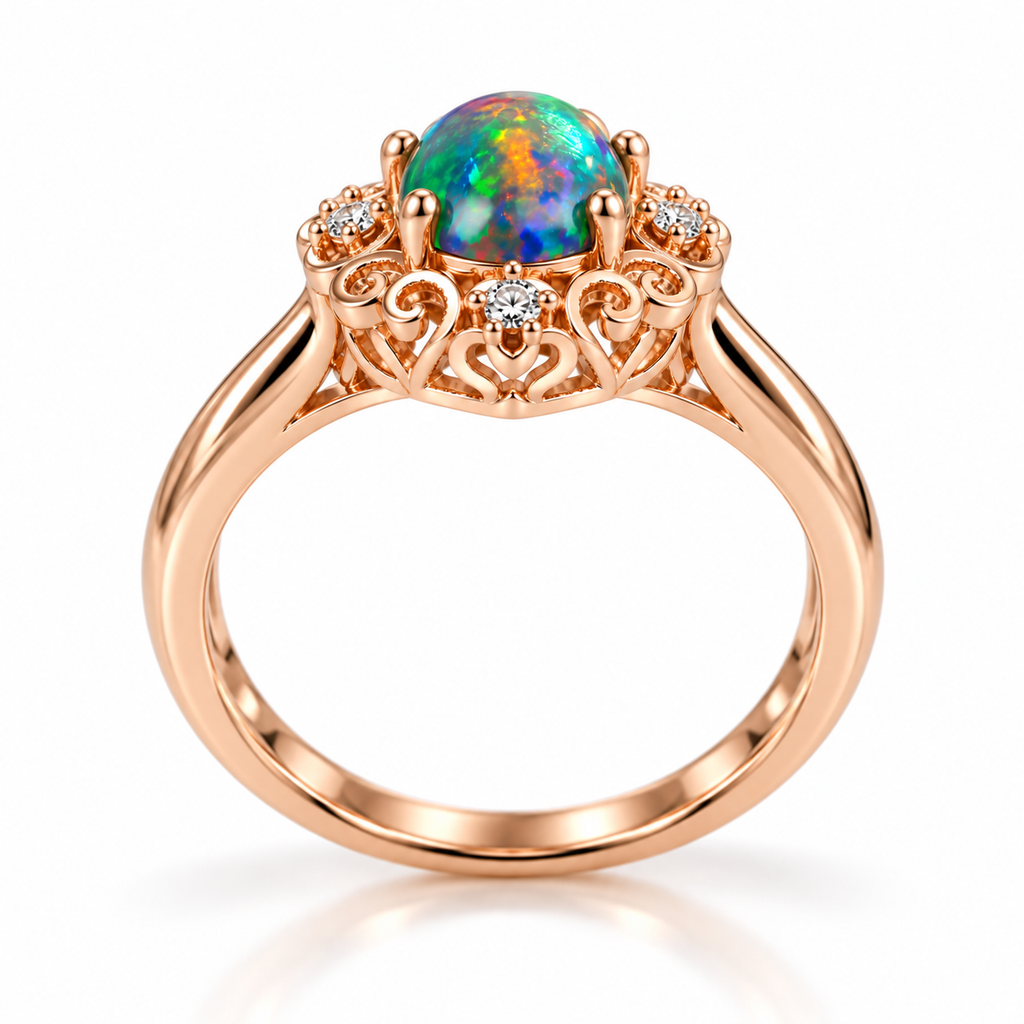 Side profile of a 6x8mm Australian black fire opal ring showing the raised oval cabochon setting, decorative filigree halo, polished Rose Gold Plated sterling silver band, and intricate metalwork.