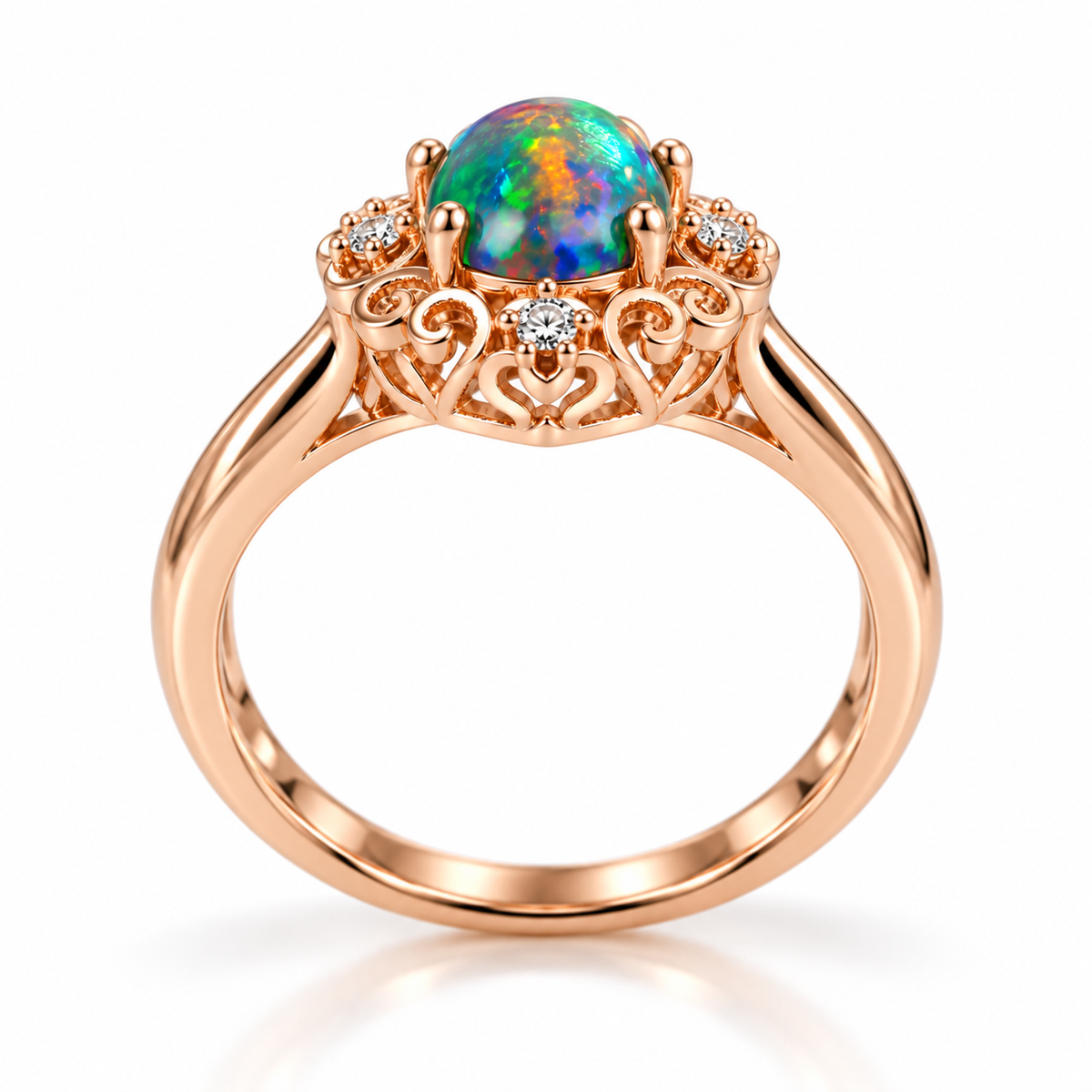 Side profile of a 6x8mm Australian black fire opal ring showing the raised oval cabochon setting, decorative filigree halo, polished Rose Gold Plated sterling silver band, and intricate metalwork.