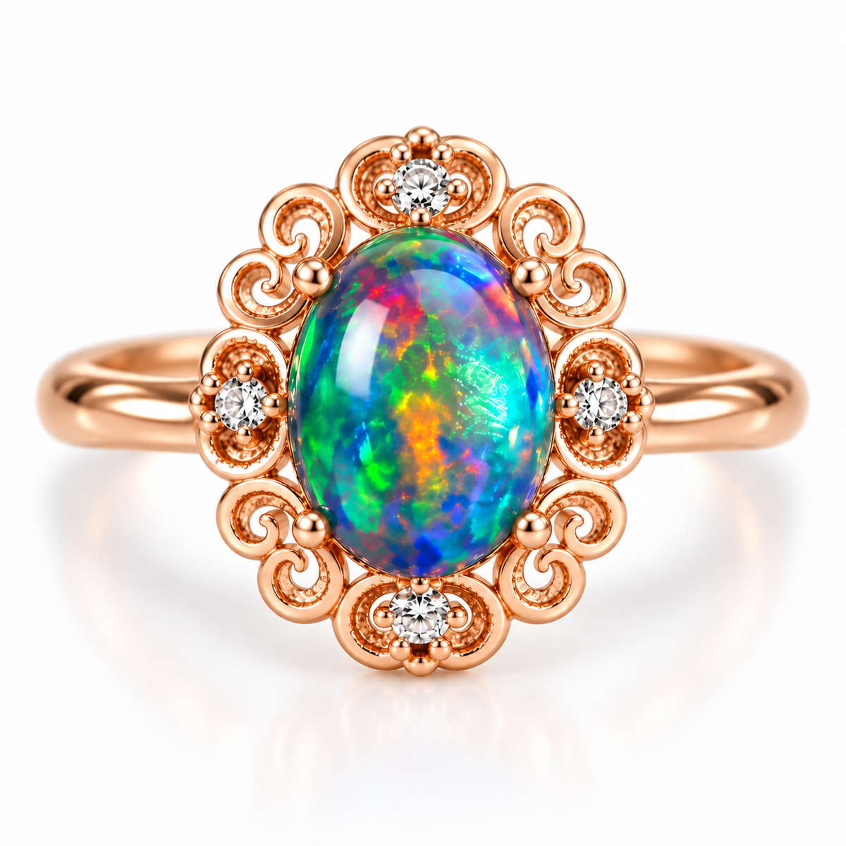 Top-down view of an Australian black fire opal ring featuring a 6x8mm oval cabochon surrounded by symmetrical rose gold filigree scrollwork and four sparkling round cubic zirconia stones.