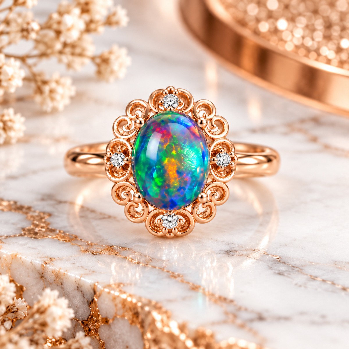 Australian black fire opal vintage filigree ring displayed on elegant white marble with subtle gray veining, highlighting the colorful 6x8mm oval gemstone and intricate rose gold scrollwork.