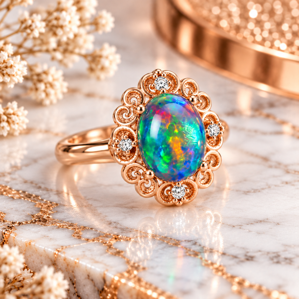 Australian black fire opal vintage filigree ring displayed on elegant white marble with subtle gray veining, highlighting the colorful 6x8mm oval gemstone and intricate rose gold scrollwork.