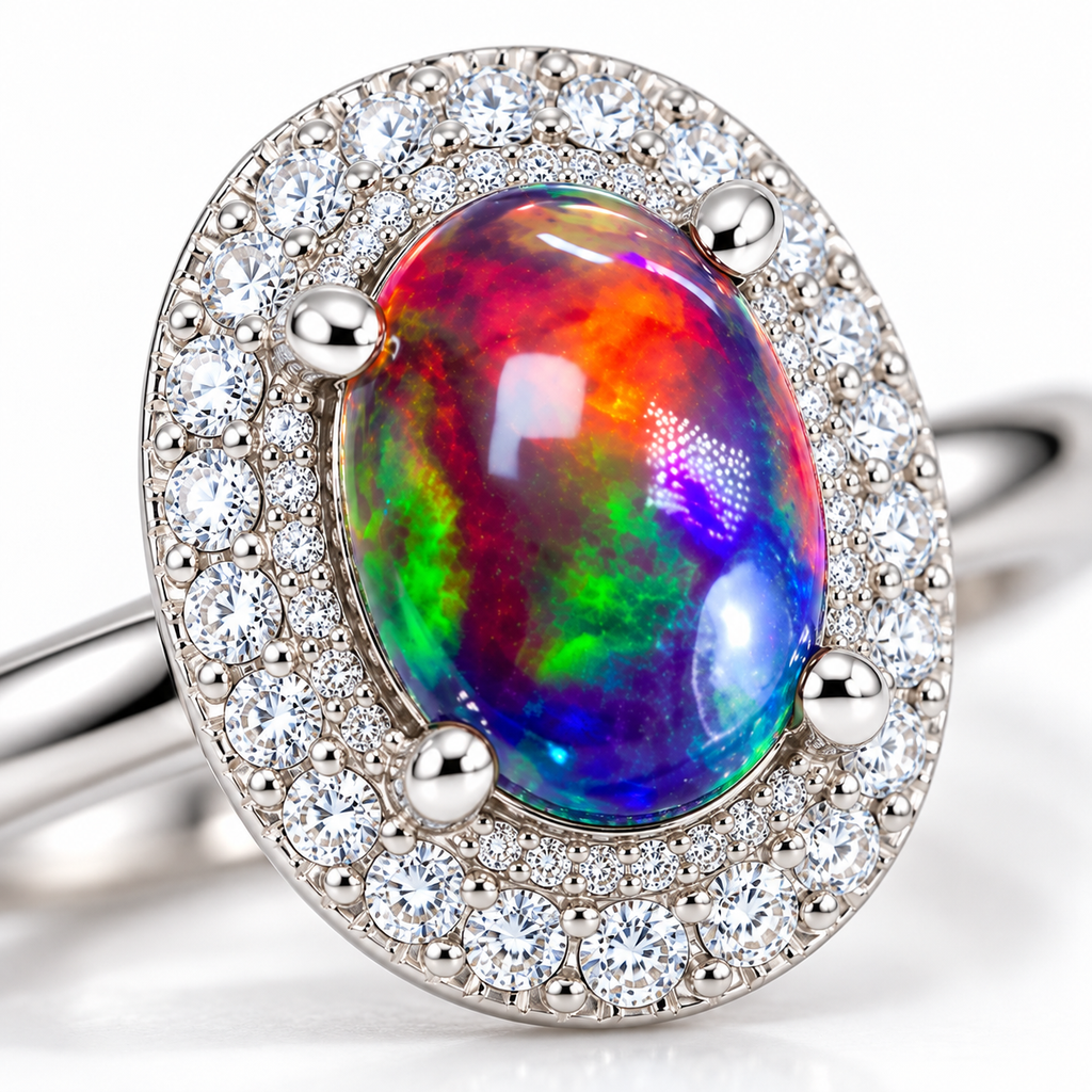 Macro close-up of a 6x8mm Australian fire opal dyed black, displaying vivid red, orange, green, blue, and violet colors within a sparkling double cubic zirconia halo.