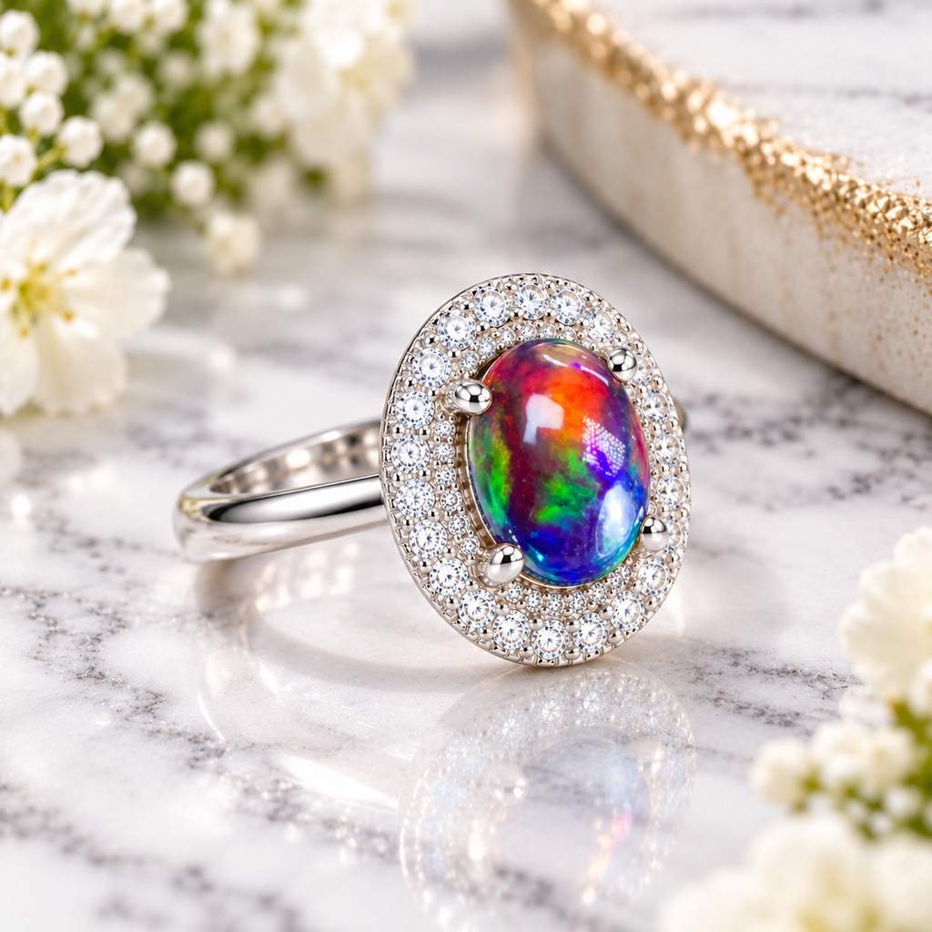 Angled lifestyle photograph of an Australian black fire opal ring resting on white marble with soft white flowers and gold accents, showcasing the 6x8mm oval gemstone.