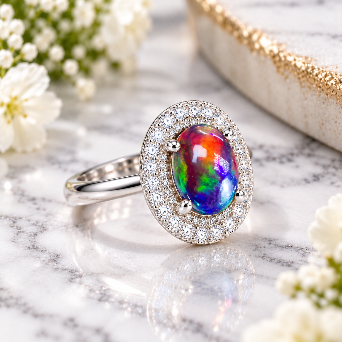 Angled lifestyle photograph of an Australian black fire opal ring resting on white marble with soft white flowers and gold accents, showcasing the 6x8mm oval gemstone.