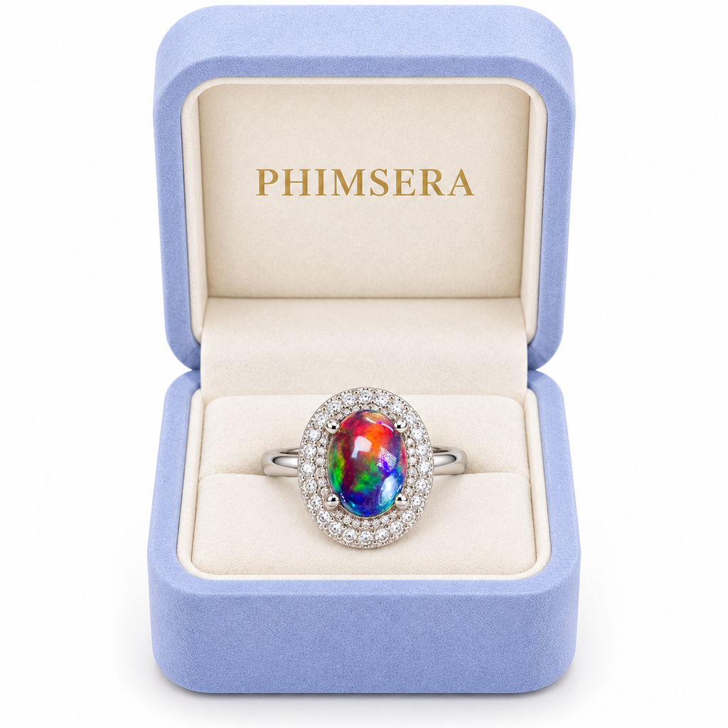 Australian black fire opal halo ring with a 6x8mm oval gemstone displayed inside a periwinkle Phimsera jewelry box with cream velvet interior and gold PHIMSERA lettering.