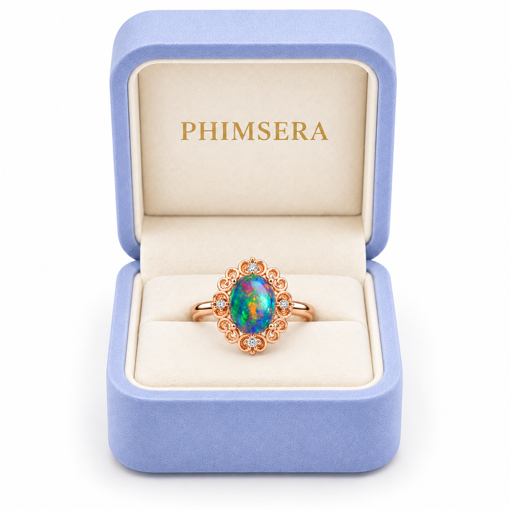 Australian black fire opal vintage filigree ring displayed inside a periwinkle Phimsera jewelry box with cream velvet interior and gold PHIMSERA lettering, featuring a 6x8mm oval gemstone.