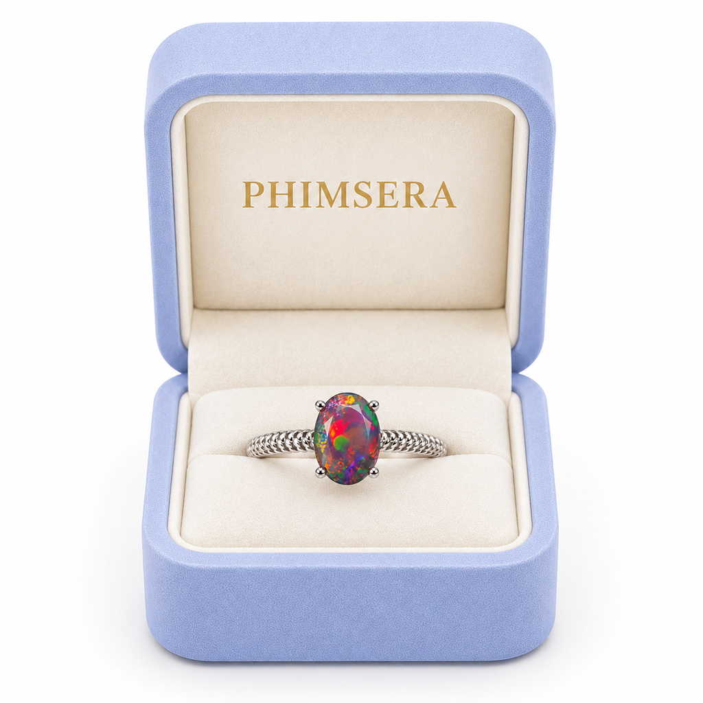 Australian black fire opal solitaire ring displayed inside a periwinkle Phimsera jewelry box with cream velvet interior and gold PHIMSERA lettering, featuring a colorful 6x8mm oval gemstone and textured silver band.