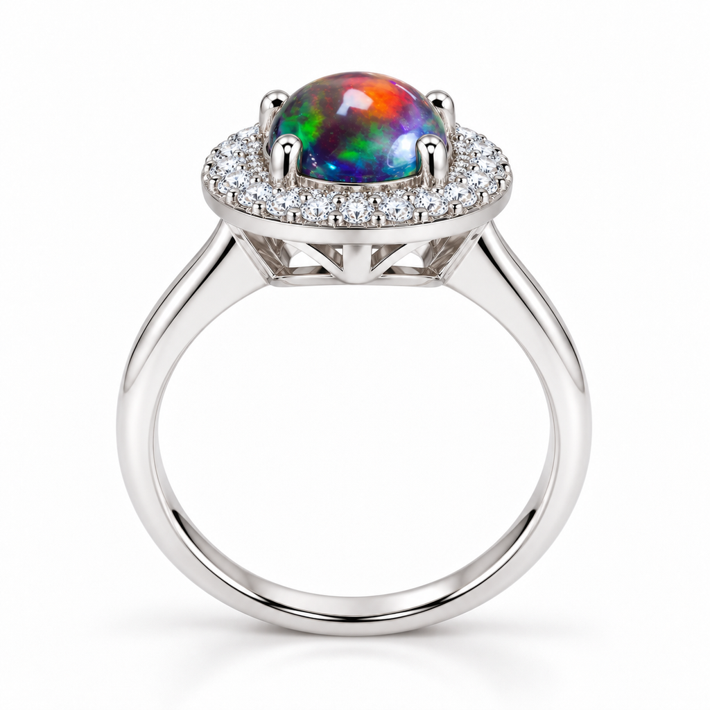 Side profile of a 6x8mm black fire opal halo ring showing the domed oval cabochon, four-prong setting, raised cubic zirconia halo, and polished sterling silver band.