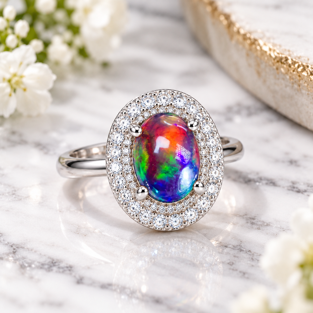 Australian black fire opal double halo ring displayed on white marble with subtle gray veining, highlighting the colorful oval gemstone and sparkling cubic zirconia accents.