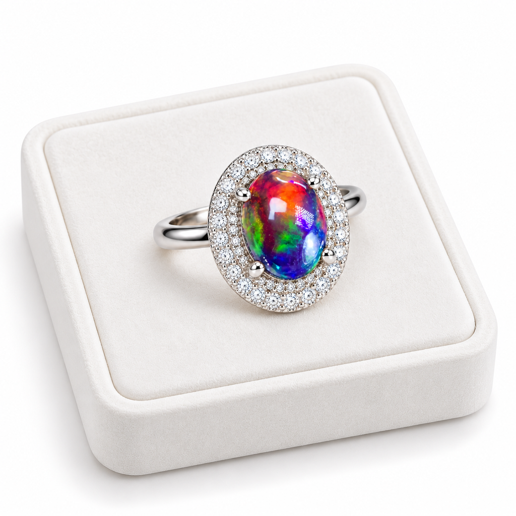 Angled photograph of a 6x8mm Australian black fire opal ring displayed on a white velvet tray, highlighting the colorful opal and sparkling cubic zirconia double halo.