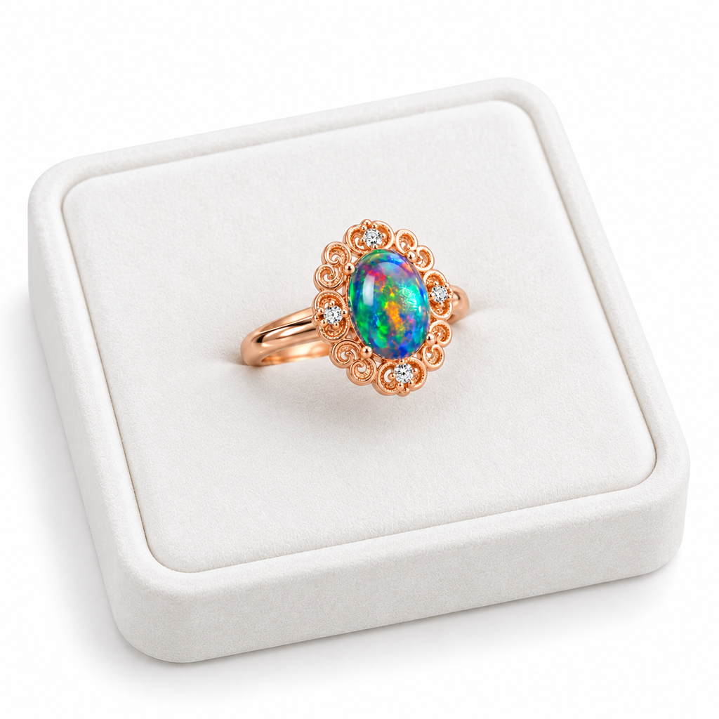 Angled photograph of a 6x8mm Australian black fire opal ring resting on a white velvet tray, highlighting the colorful oval gemstone, delicate filigree scrollwork, and sparkling cubic zirconia accents.