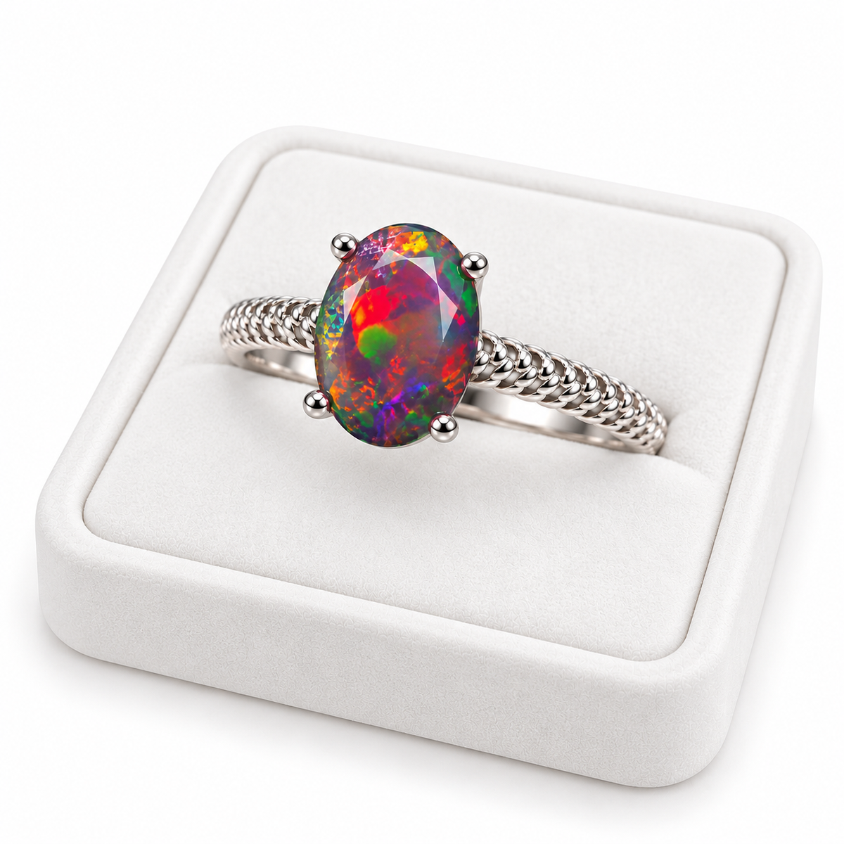 Angled photograph of a 6x8mm Australian black fire opal ring resting on a white velvet jewelry tray, highlighting the gemstone's vibrant red and green flashes and textured Platinum Plated sterling silver shoulders.