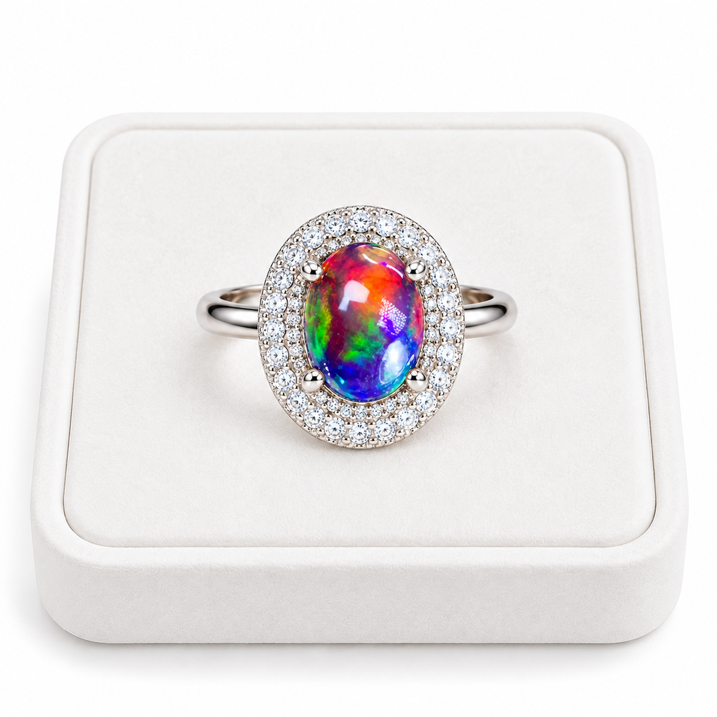 Australian black fire opal double halo ring featuring a 6x8mm oval gemstone displayed on a flat white velvet jewelry tray against a clean white background.