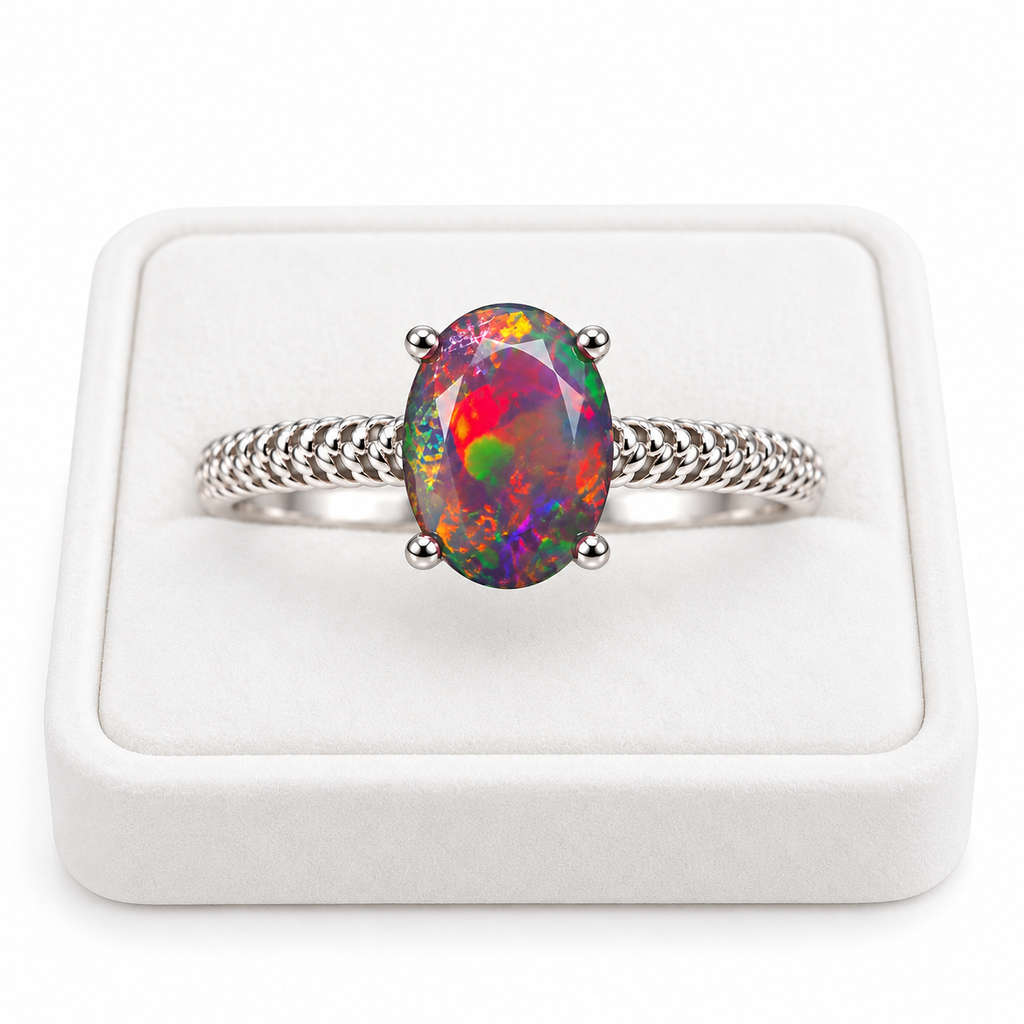 Australian black fire opal ring featuring a 6x8mm oval gemstone displayed on a flat white velvet jewelry tray against a pure white background, showcasing the colorful opal and decorative textured silver band.