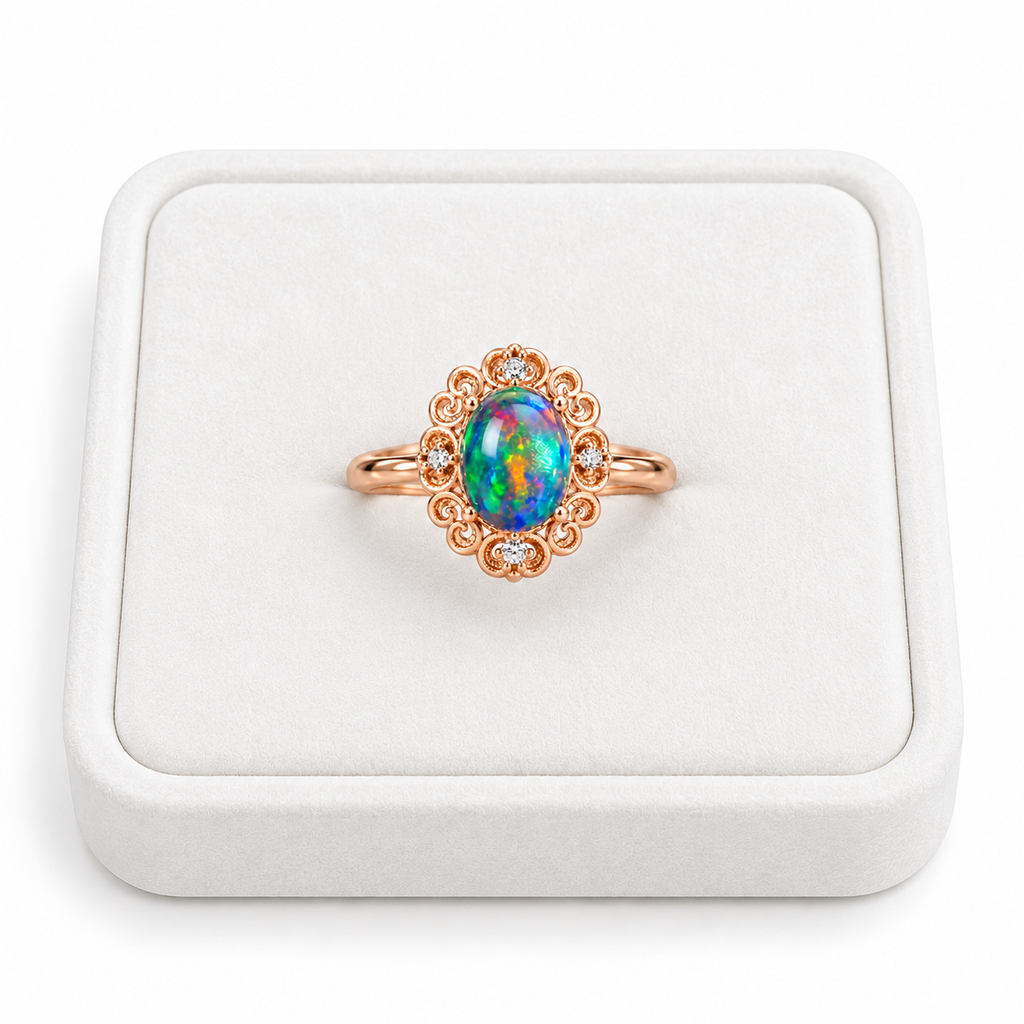Australian black fire opal vintage filigree ring with a 6x8mm oval gemstone displayed on a flat white velvet jewelry tray against a clean white background, showcasing the ornate rose gold setting.