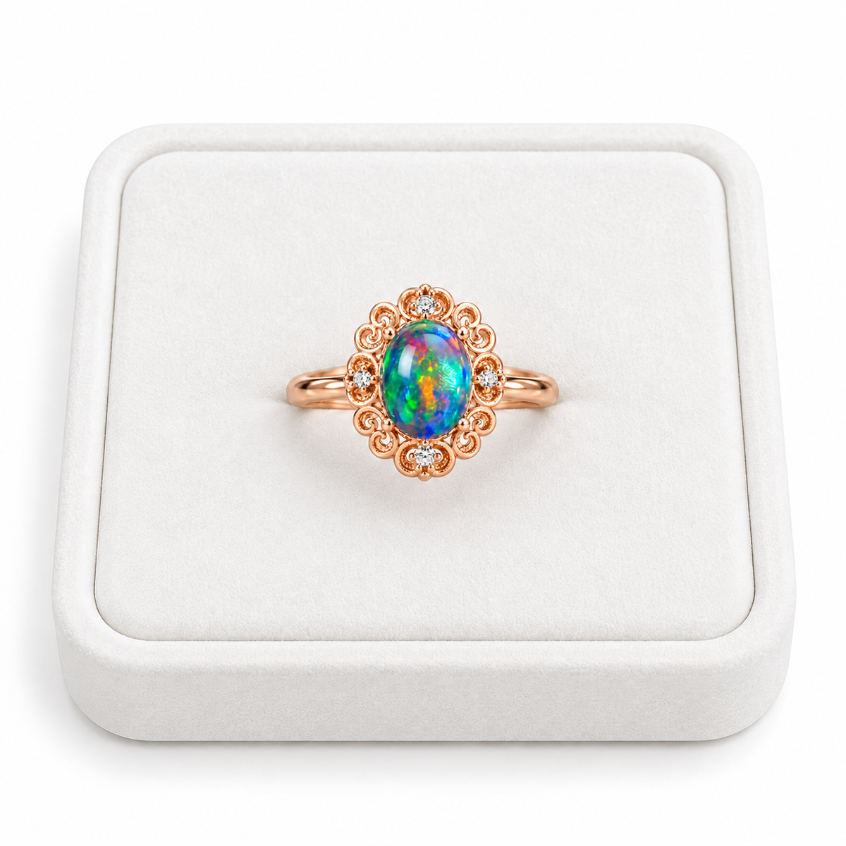 Australian black fire opal vintage filigree ring with a 6x8mm oval gemstone displayed on a flat white velvet jewelry tray against a clean white background, showcasing the ornate rose gold setting.