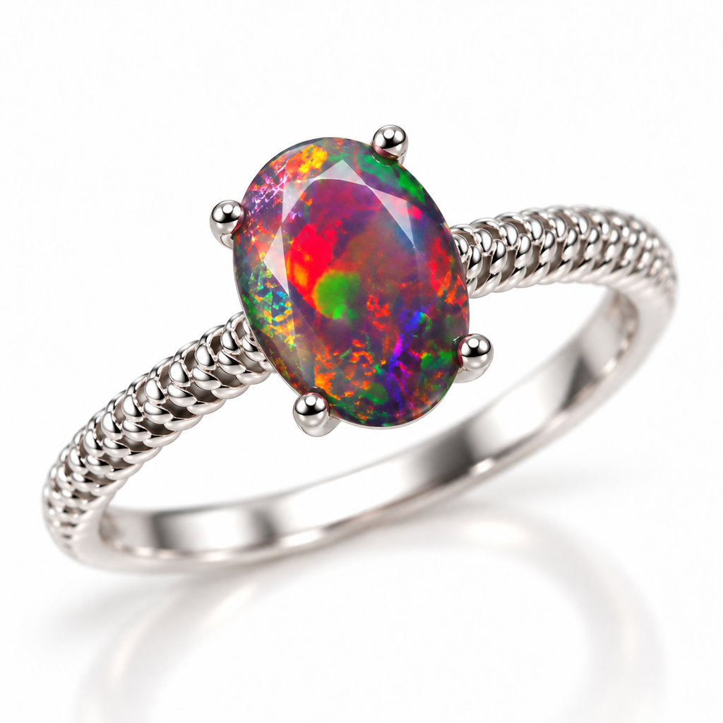 Three-quarter view of a 6x8mm Australian black fire opal ring with colorful oval gemstone, polished four-prong setting, and symmetrical textured shoulders in Platinum Plated sterling silver.