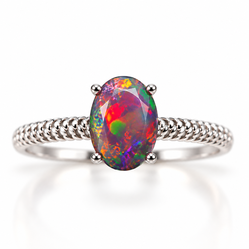  Natural Australian black fire opal ring featuring a 6x8mm oval dyed gemstone with vivid red, green, orange, and violet flashes, four-prong setting, and decorative textured sterling silver band on a white background.