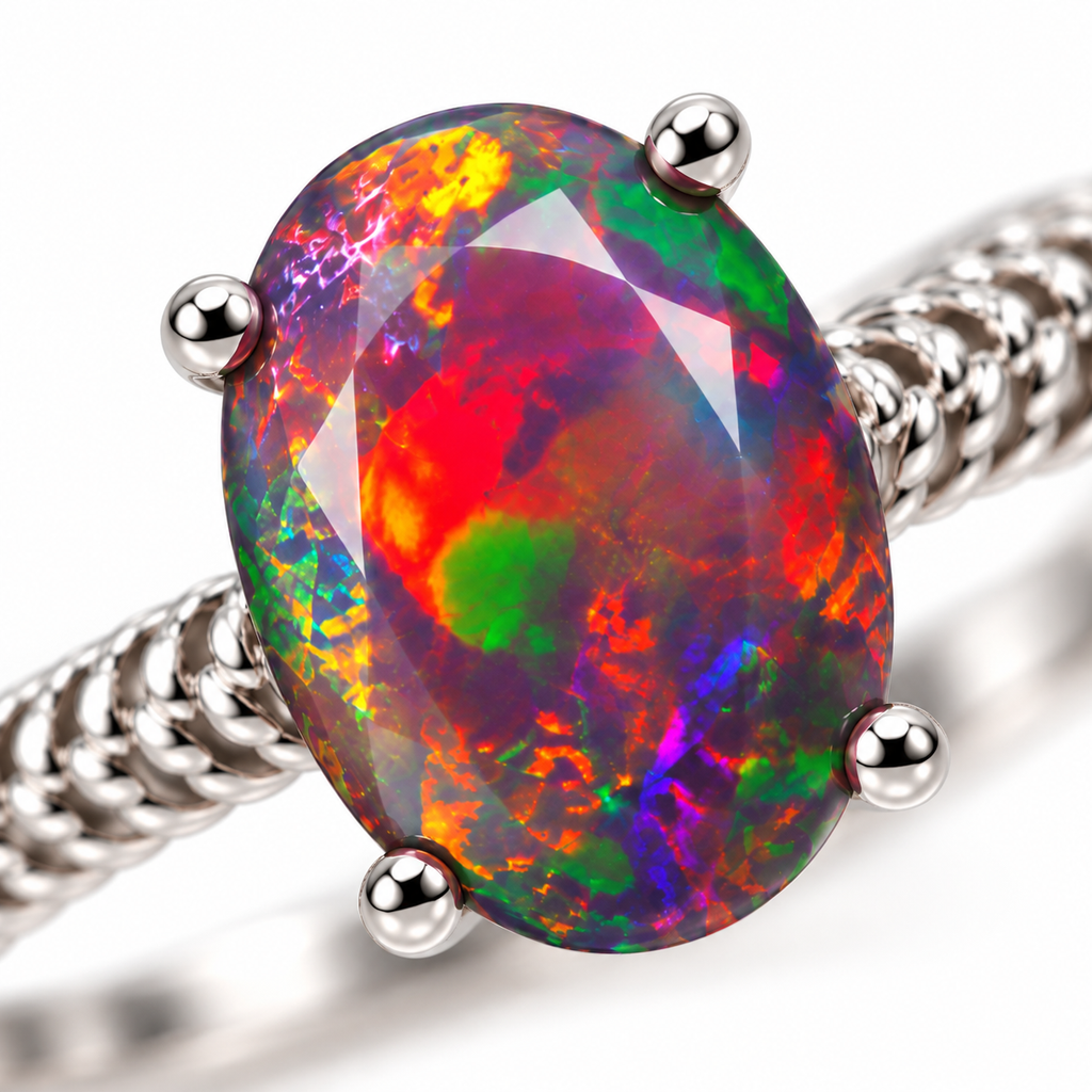Macro close-up of a 6x8mm natural Australian fire opal dyed black, displaying colorful red, green, orange, yellow, and violet flashes within a polished oval gemstone secured by four silver-colored prongs.