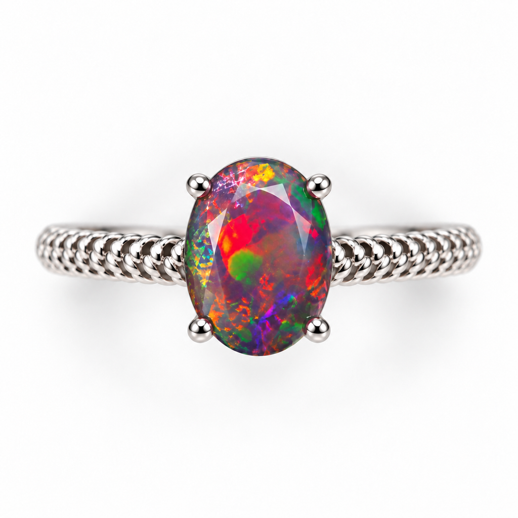 Top-down view of an Australian black fire opal solitaire ring showing the 6x8mm oval gemstone with a white background.