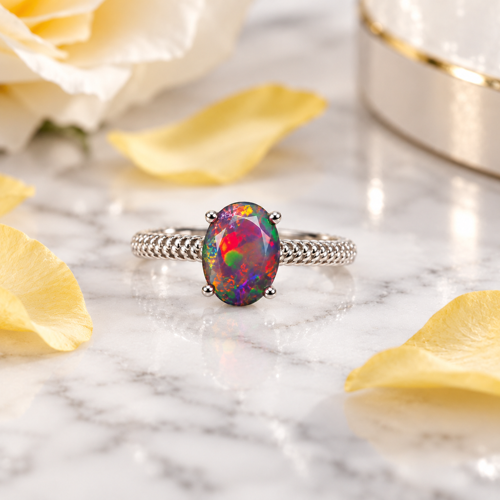 Australian black fire opal solitaire ring displayed on elegant white marble with subtle gray veining, highlighting the 6x8mm oval gemstone's vibrant multicolored flashes and decorative textured silver band.