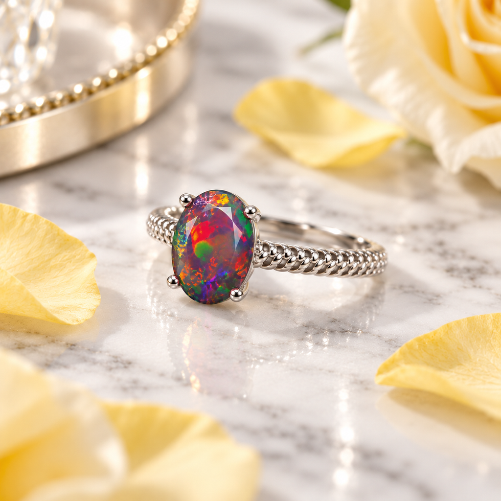 Australian black fire opal solitaire ring displayed on elegant white marble with subtle gray veining, highlighting the 6x8mm oval gemstone's vibrant multicolored flashes and decorative textured silver band.