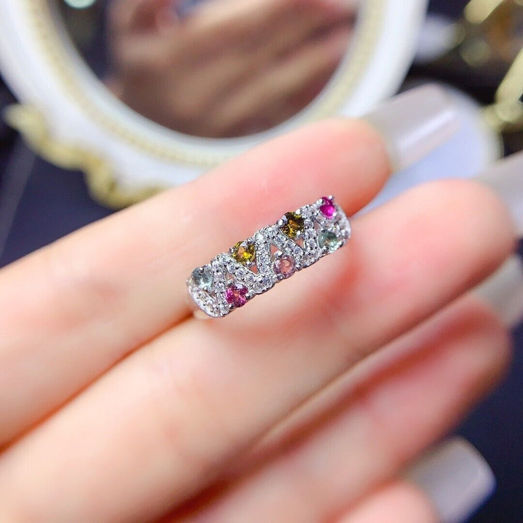 Natural Tourmaline Gemstone Band Ring, Women's Multicolor Tourmaline Ring