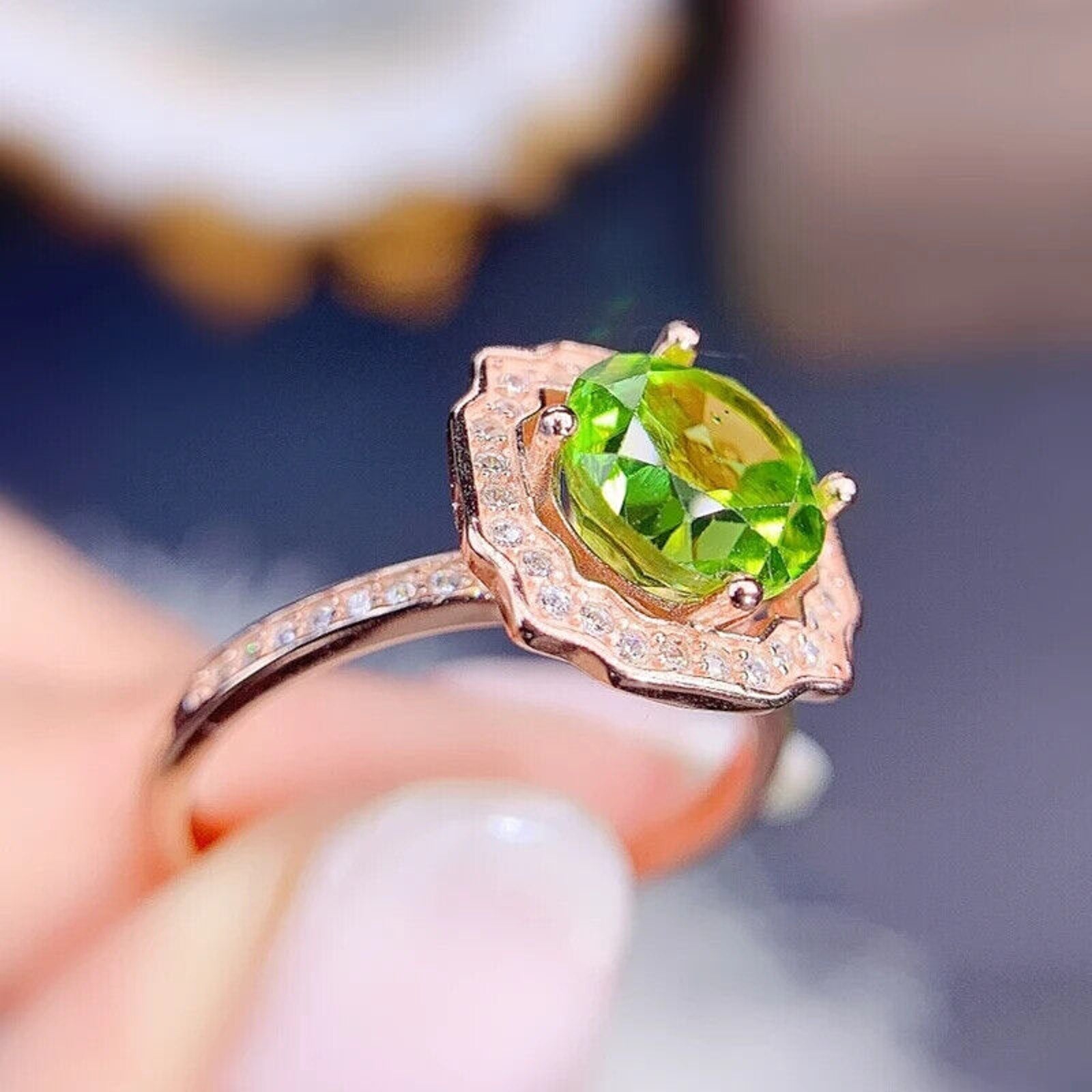 Natural Peridot Gemstone Ring 9mm 3.5CT, August Birthstone Peridot Ring Sterling