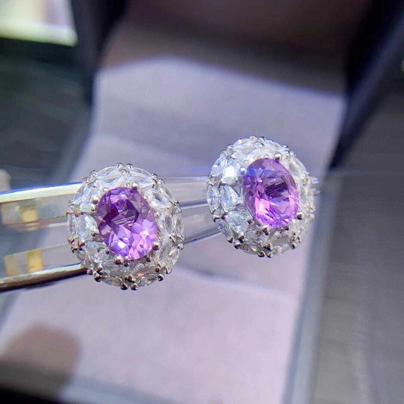 Amethyst Stud Earrings Oval Cut 6x8mm Platinum Plated, Purple Amethyst Earrings