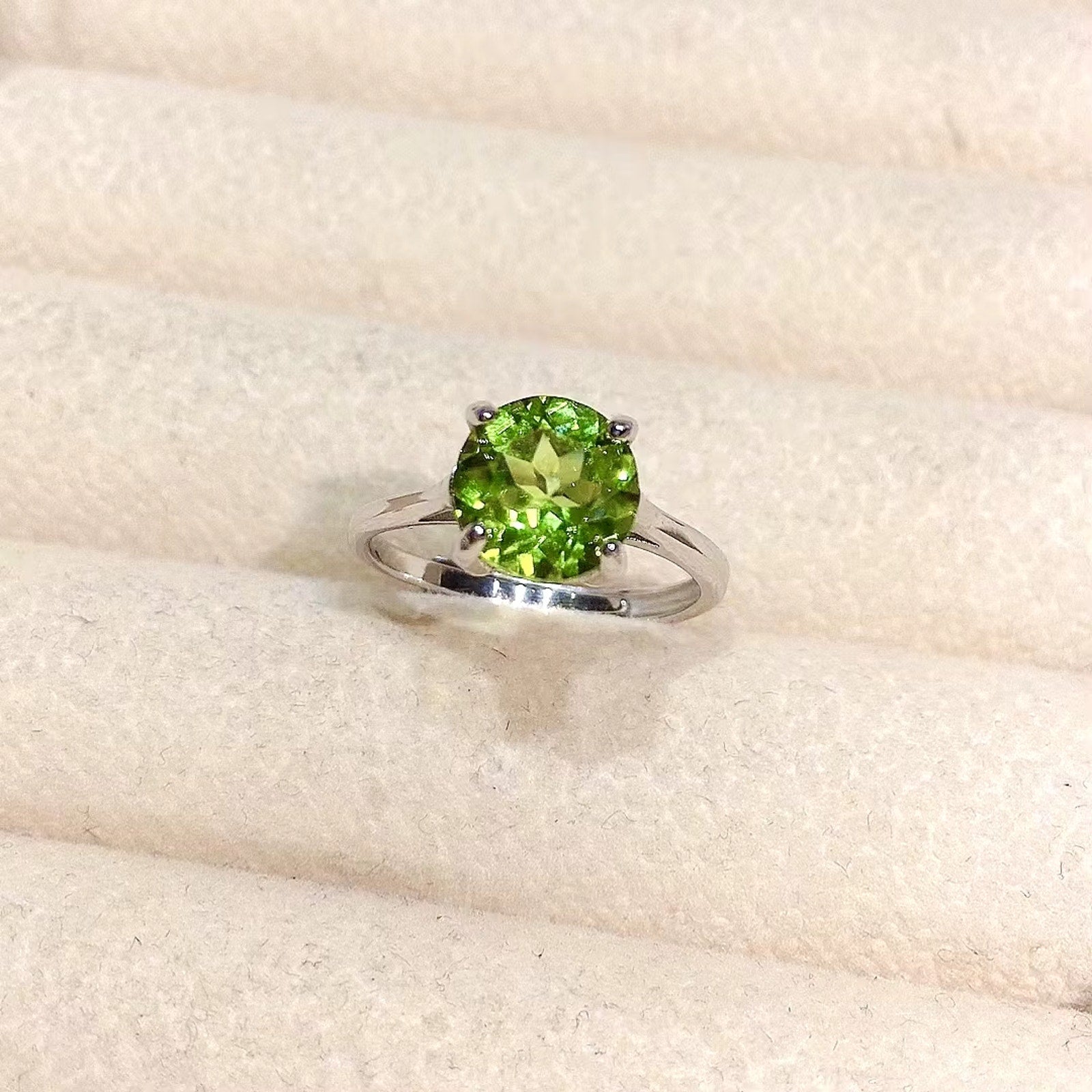 2CT Natural Peridot Birthstone Ring 8mm Platinum Plated Sterling Silver