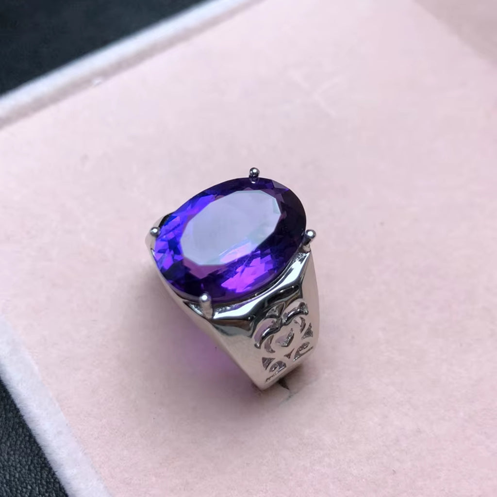 12CT Mens Amethyst Ring 925 Sterling Silver, Gemstone Rings For Men