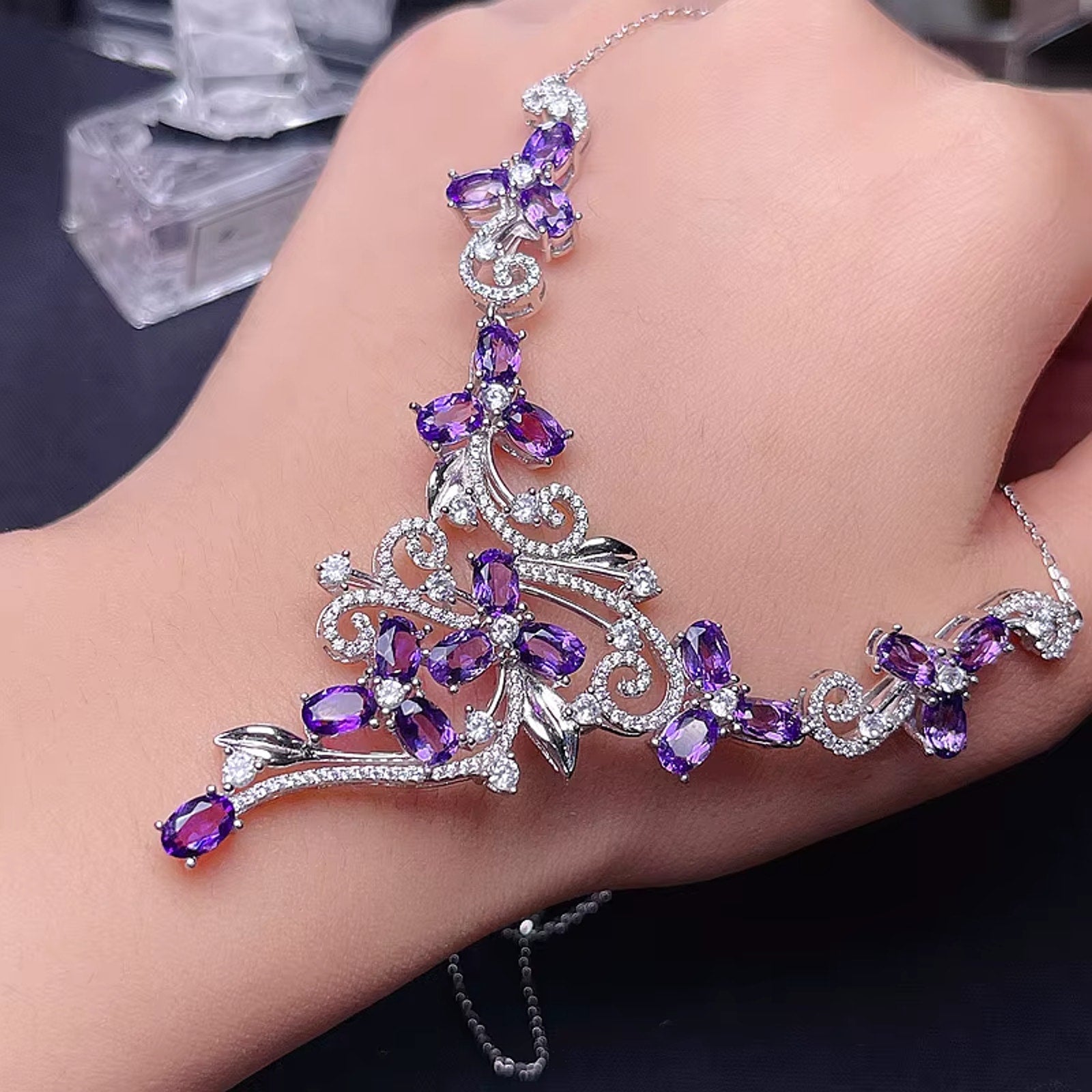 Natural Amethyst Gemstone Statement Necklace 925 Sterling Silver 4x6mm