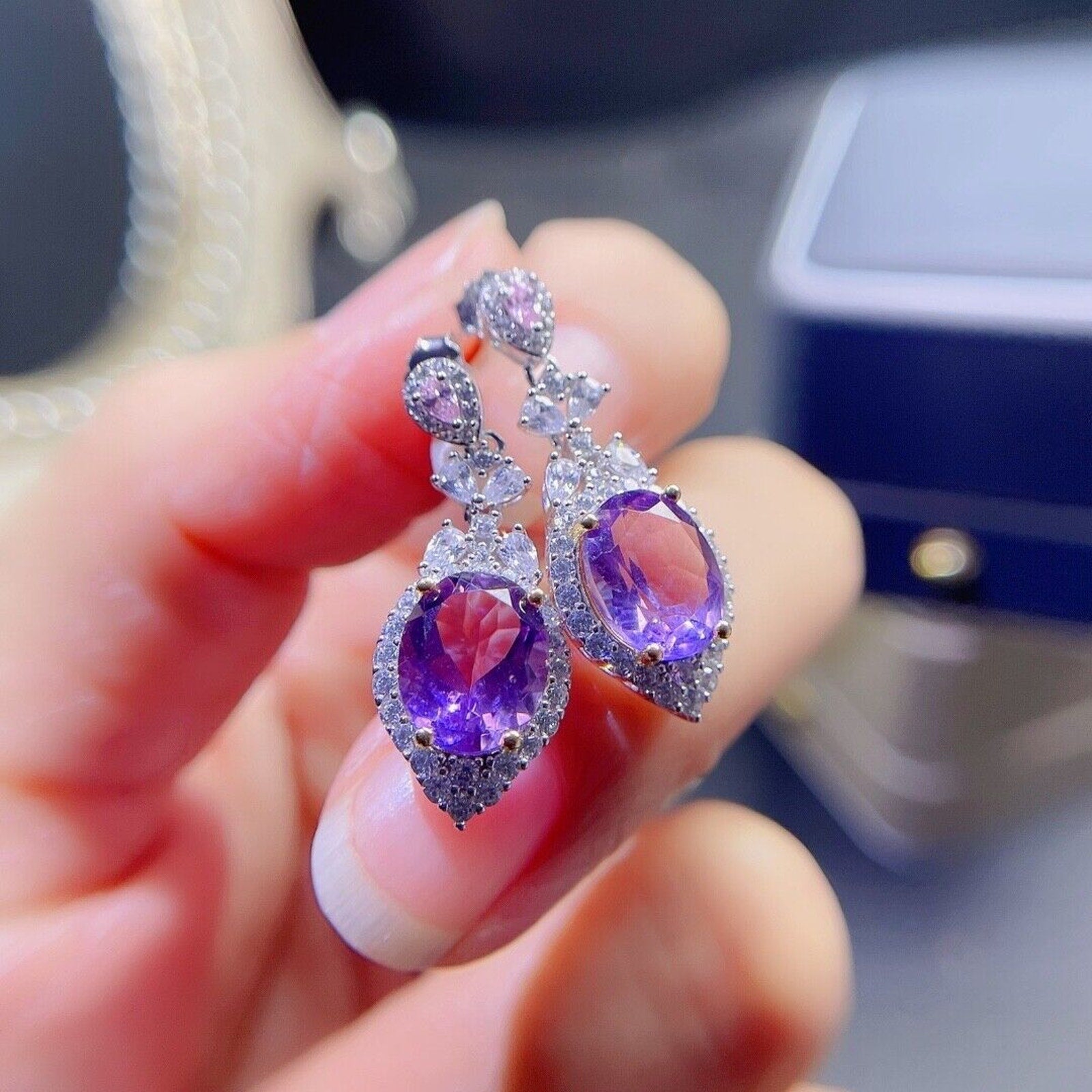 8x10mm Genuine Amethyst Drop Dangle Earrings, Oval Cut Amethyst Earrings