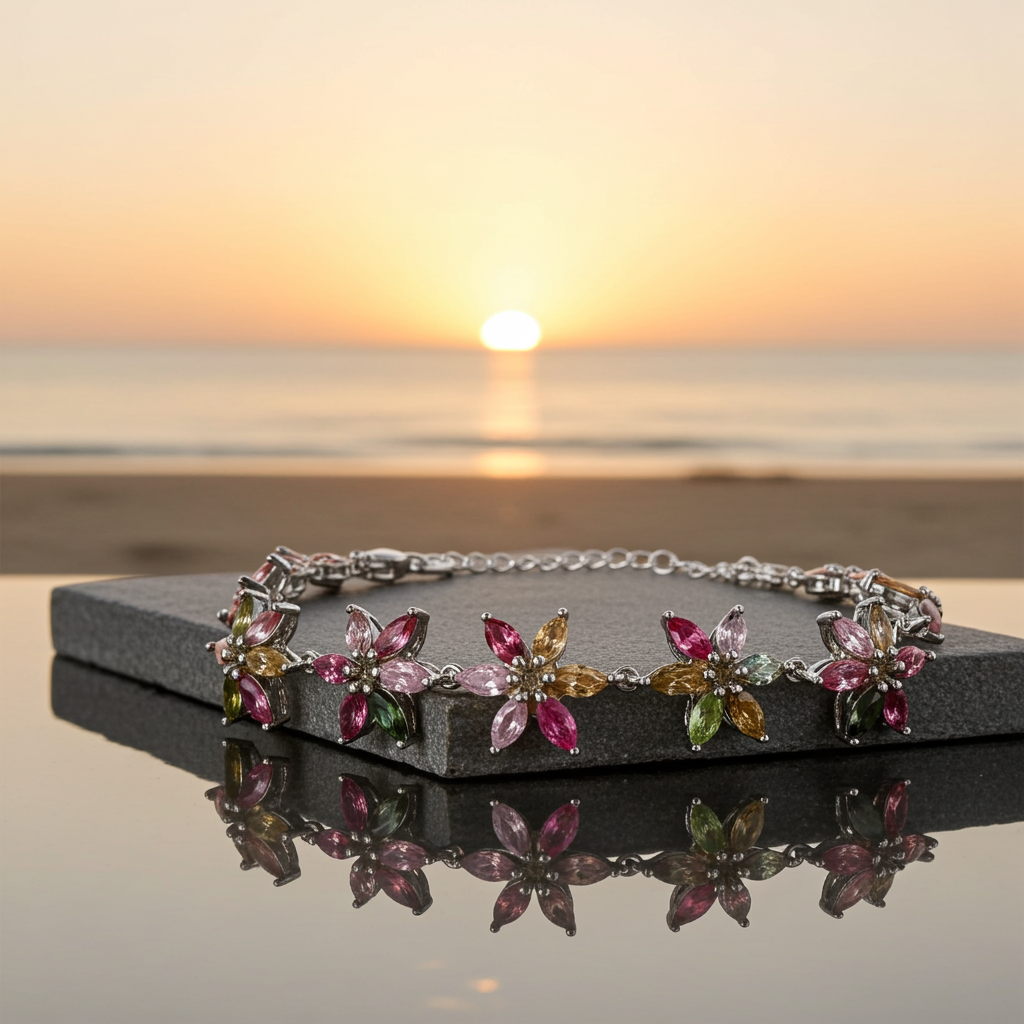 Natural Brazilian Tourmaline Tennis Bracelet, Tourmaline Flower Bracelet