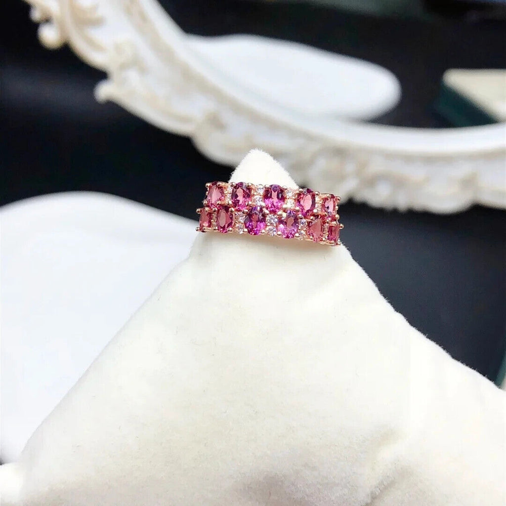 Natural Pink Garnet Double Layer Band Ring 3x4mm Platinum Plated Sterling